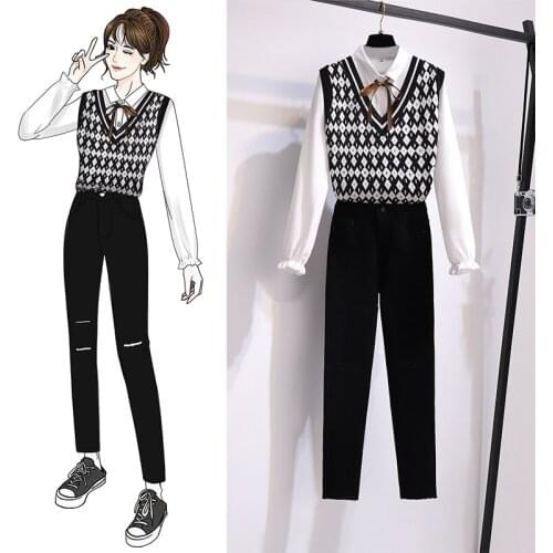 2021 New Spring Autumn Women Three-Piece Set Age-Reducing Preppy Style Ribbon Shirt Knitted Vest Ripped Pants Female Trousers