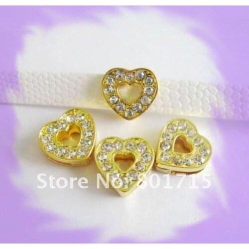 Wholesale Internal Dia.8mm 100pcs Golden Full Rhinestone Heart slide Charms can through 8mm Belt Pet Collar Wristband