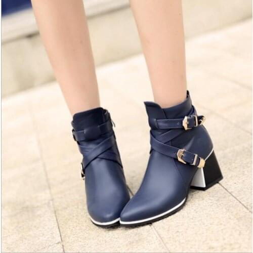 Sexy Soft Leather Short Boots Woman Mid Heels Ankle Boot Women Winter Plush Shoes Square heel Pointed toe Female Footware Black