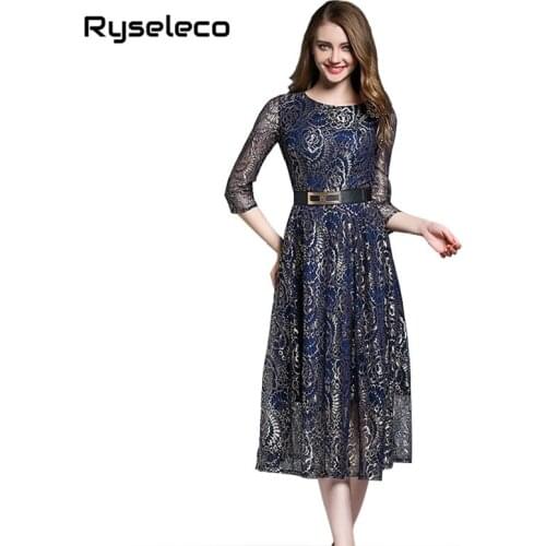 Sexy 2018 Summer Elegant 3/4 Sleeve Embroidery Cutout Floral Lace Dresses Women Fashion Quality Long Maxi Autumn Flare Dresses