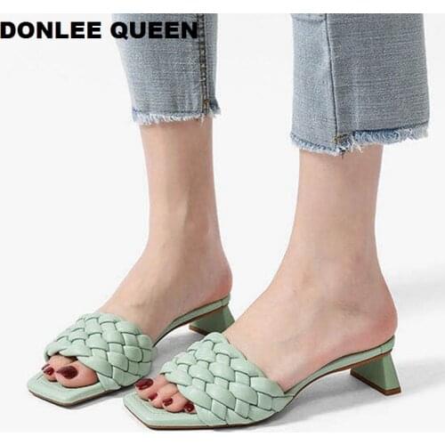 Fashion Weave Slippers Women Low Heels Slides Elegant Mule Shoes Women Sandals Brand sandalias mujer 2020 New Slipper Flip Flops