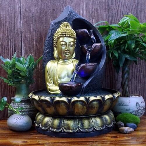 Lotus Base Buddha Statue Resin Water Running Fountain Figurines FengShui Ornament Indoor Waterscape Crafts Gardend&Home Decor