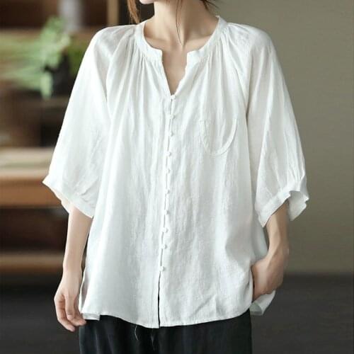 NINI WONDERLAND Women V-neck Cotton Linen Loose Shirt 2021 Summer Short Sleeve Vintage Tops Big Size Mori Girl Style Blouses
