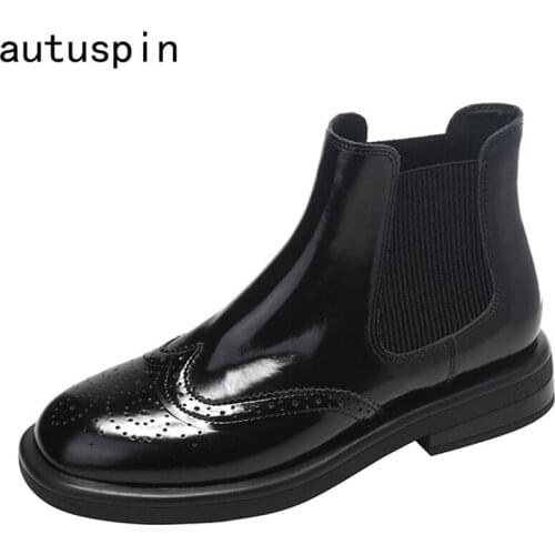 Autuspin Retro Black Brogues Shoes Women 2021 Winter Patent Leather Ankle Boots Female Outdoor Street Style Short Chelsea Boot