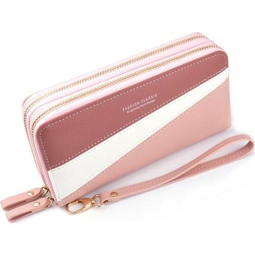 New double zipper wallet ladies long clutch bag retro stitching hit color large capacity double wallet phone bag money storage