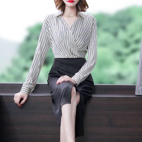 Striped Long Sleeve Shirt Patchwork Split Fork Midi Dress women V-Neck Satin High Waist Slim Body Dresses Ladies Elegant Clothes