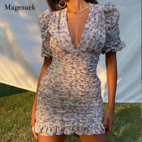 2021 Summer New French Style Women Dress Print Deep V-neck Pleated Folds Dress Sexy Elegant High Waist Slim Dress Vestidos 15980