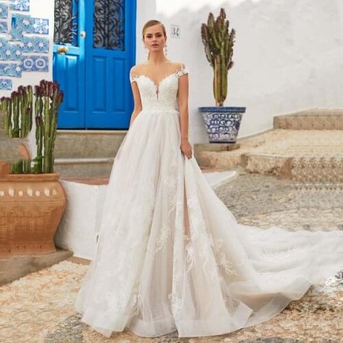 Thinyfull 2020 Elegant Wedding Dresses A Line V Neck Cap Sleeve Bride Dresses Tulle Backless Lace Appliques Vestidos de novia