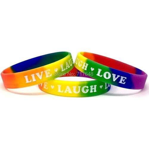 100pcs Inspirational Quote Rainbow LIVE LAUGH LOVE wristband silicone bracelets free shipping by ePacket A