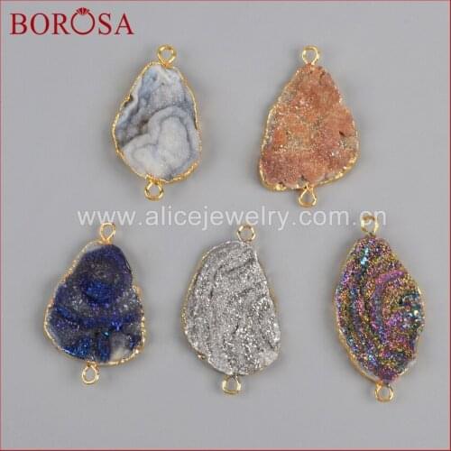 BOROSA 5pcs Freedom Titanium Galaxy Quartz Druzy Connector, Mix Color Gold Color Drusy Connectors charm for Jewelry Making G1227