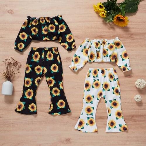 1-4Y Fashion Children Kids Girl 2Pcs Sunflower Print Outfit Off Shoulder Tops+Flared Pants Set Outfit Kid Girls Clothes