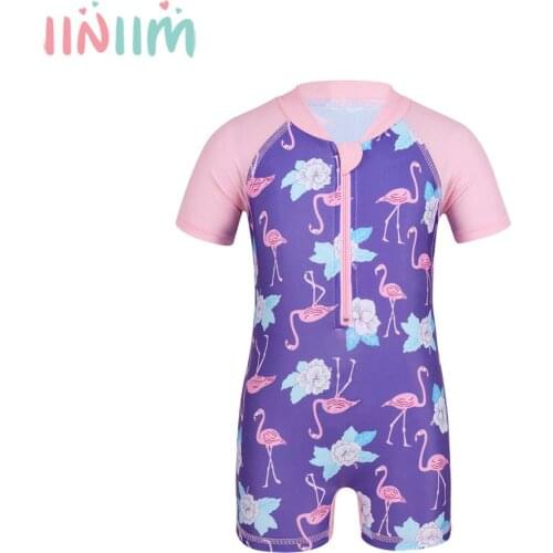 2020 Summer Toddler Infant Baby Swimwear Girls Short Sleeves Flamingo Pattern Printed Rash Guard Swimsuit Swimwear Bathing Suit