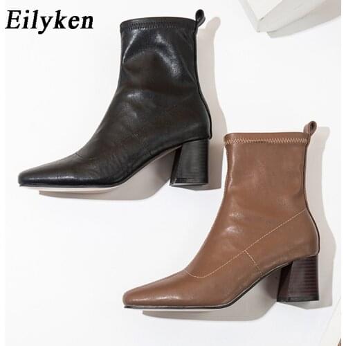 Eilyken High Quality Pu Leather New Pointed Toe Ankle Boots Women Fashion Short Sock Mid Heel Shoes Ladies Party Chelsea Botas