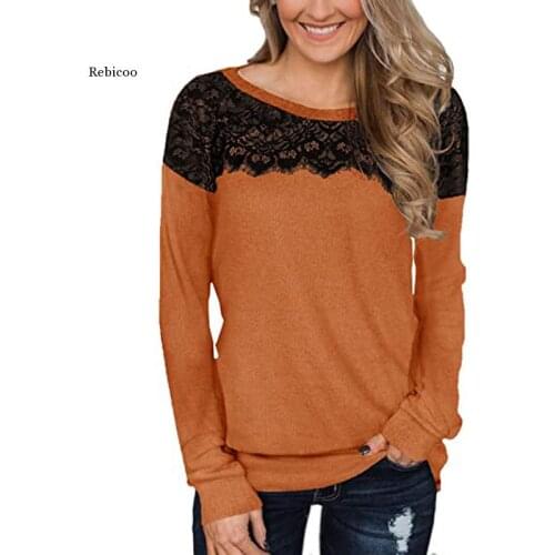 Elegant Lace Patchwork Long Sleeve t Shirts Women Casual Black White t Shirt Large Size 2Xl Autumn T-Shirts Womens Clothing