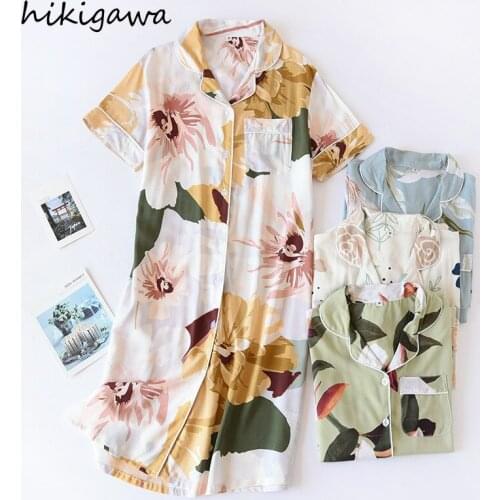 Hikigawa Summer Thin Robes for Women Short Sleeve Japanese Floral Pajamas De Mujer Sweet Night Dress Womens Sleepwear 97687
