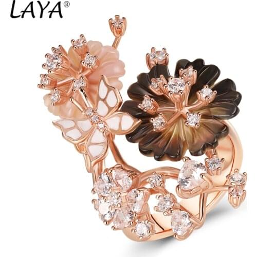 Laya Ring For Women High Quality Zircon Natural Shell Flower Green White Enamel 925 Sterling Silver anillos Fashion Jewelry