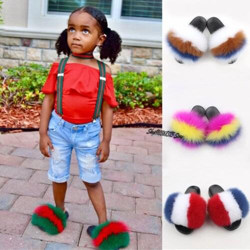New Girls Summer Fluffy Plush Slides Kids Cute Soft Fox Fur Slippers Childrens Indoor Flat Non-Slip Sandals Home Furry Shoes