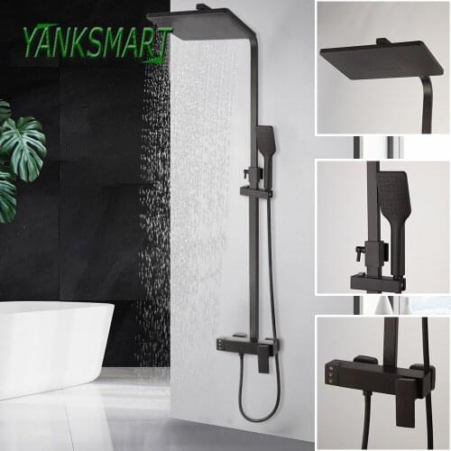 YANKSMART Matte Black Bathroom Shower Faucet Bathtub Wall Mounted Rainfall Shower Head Dual Handles Mixer Shower Combo Kit