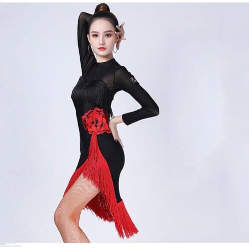 Custom Made Latin Dance Dress Competition Clothes Sexy Tassel Dresses Women Girls Latin Dance Long Sleeves Performance Costume