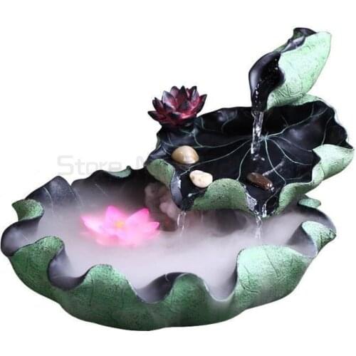 Flossy Resin Water Fountain Lotus Aromatherapy Indoor Air Humidifier Desktop Fengshui Craft Home Decoration Ornaments