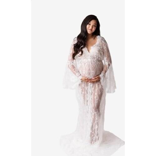 Maternity Photography Props Dresses Maxi Gown Lace Speaker Sleeve Dress Fancy Shooting Photo Summer Perspective Pregnant Clothes