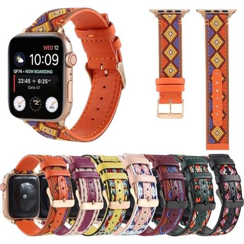Genuine Leather Strap for Apple Watch Band 6 SE 44mm 40mm 42mm 38mm Folk Style Wrist Bracelet Watchband for iWatch Series 5 4 3