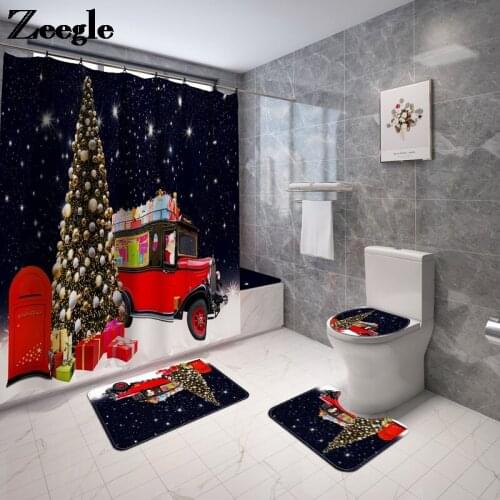 Christmas Style Bathroom Mat and Shower Curtain Set Absorbent Toilet Cover Carpet Home Decoration Anti-slip Rug for Bathroom