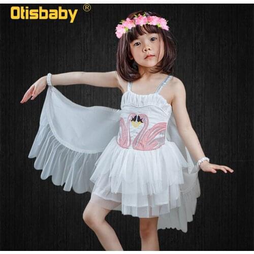 Christmas Girls Swan Flamingo Wings Dress Children White Princess Dress for Wedding Kids Embroidered Tulle Ballet Tutu Dress