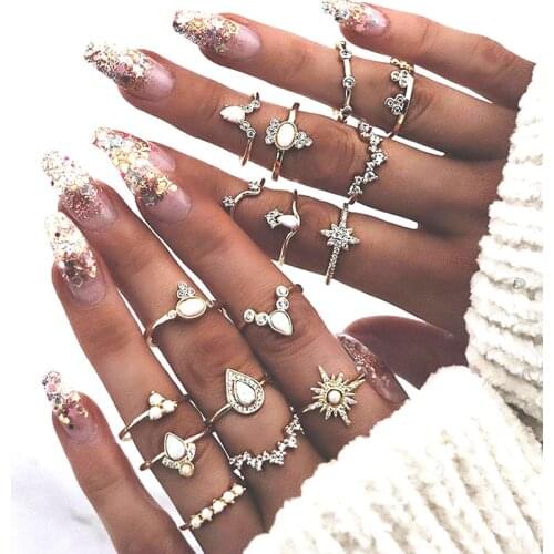 Crystal Gold Ring Retro Jewelry Set 16pcs Knuckle Rings for Women Luxury Boho Vintage Punk Gift Witch Party Gothic Accessories