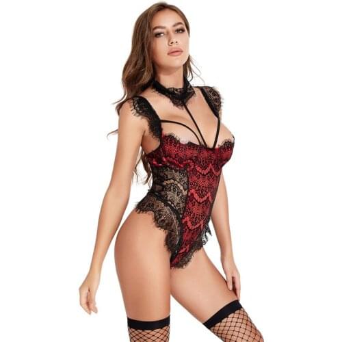 Sexy Eyelash Floral Lace Teddy Bodysuit Pajamas Women New Cut Out Summer Sheer Sexy Lingerie Black Bodysuit Large Size 2XL