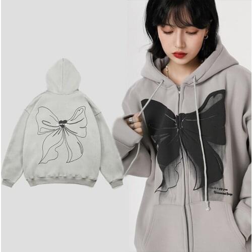 Y2K Streetweat Harajuku Sweatshirt Oversized Butterfly Graphic Zip Up Hoodies E-girl 90s Streetwear Grey Long Autumn felpe y2k