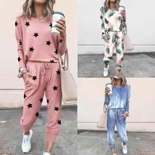 XUANCCOL 2 Piece Set Tracksuit Women Printed Flowers Tie-dy Two Piece Set Top and Pants Femme Clothes Long Pants Set Lounge Wear