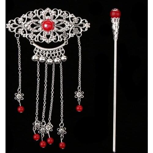 Ladies Chinese Wedding Floral Headdress Retro Traditional Tassel Bell Hair Stick Chopsticks Headdress Hair Stick Jewelry