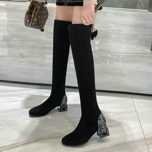 2020 Women Faux Suede Over the Knee Boots Fashion Square Heel Crystal Stretch Boots Zipper Ladies Shoes Big Size 34-43