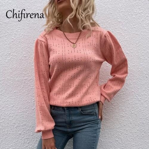 Chifirena Lantern Sleeve Hollow Out Women Sweaters Loose Jumper Pull Casual Tops Knitted O Neck Oversized Ladies Winter Sweaters