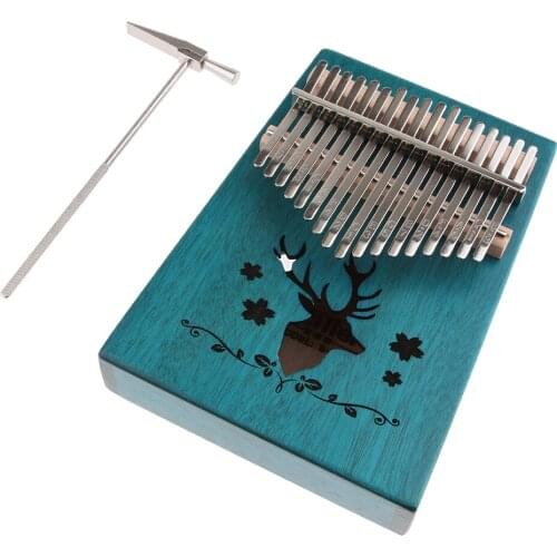 17 Keys Vintage African Musical Instrument - Kalimba Thumb Piano Mahogany Wood with Blue Deer