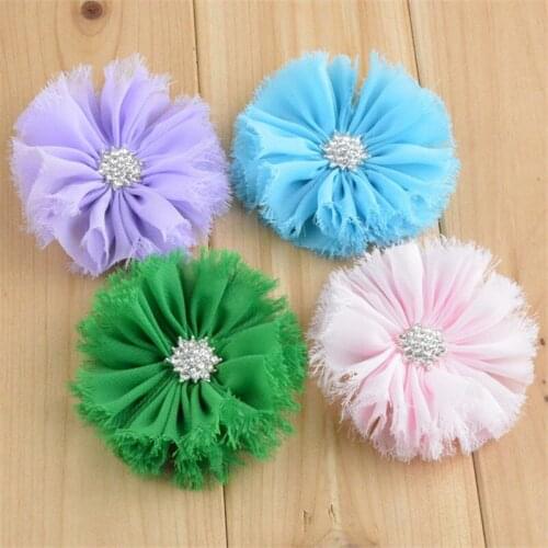 200pcs/lot 20 Color U Pick 2.7 Inch Shabby Chic Frayed Chiffon Fabric Flowers With Rhinestone Buttons Wholesale Supply FH41