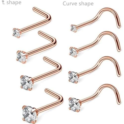 50pcs/lot Free Shipping CZ Gem Nose Rings 20G Nostril Ring Screw Studs New Body Piercing Jewelry Surgical Steel Rose Gold