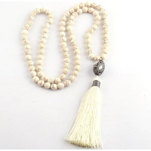 Free Shipping Fashion White Stones Bohemian Tribal Jewelry Oval Pearl Crystal Ball Long White Tassel Necklace