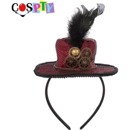 Cospty Steampunk Gothic Lolita Ladies Fancy Party Gear Wine Red Billycock Feather Mini Top Hat Headband For Women