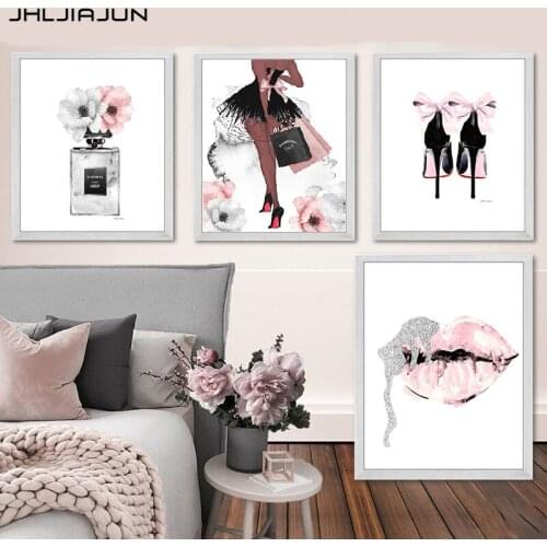 JHLJIAJUN Fashion Wall Art Perfume Lips Poster Nordic Print High Heels Canvas Painting Pictures for Living Room Modern Decor