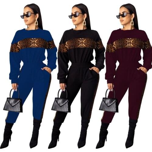 Leopard Print Patchwork Long Sleeve Round Neck Top & Trousers Suit for Women 2020 Autumn Hot Selling Fashion Casual 2 Piece Set