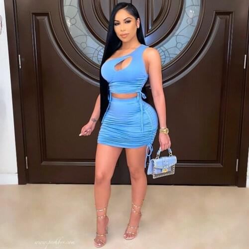 Summer Clothing Two Piece Set Women Sexy Solid Shirring One Shoulder Crop Top+Skirt Sets Club Outfit Streetwear Wholesale Items
