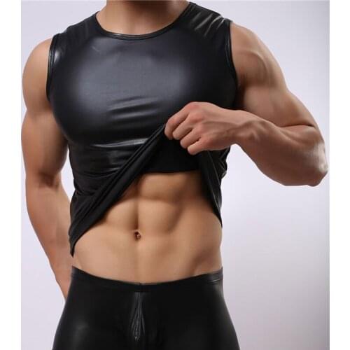 New Arrival Men Sexy Leather Vest Mens Sexy Vest Faux Leather Solid Color Black Male Tank Tops Underwear Slim Gay Wear