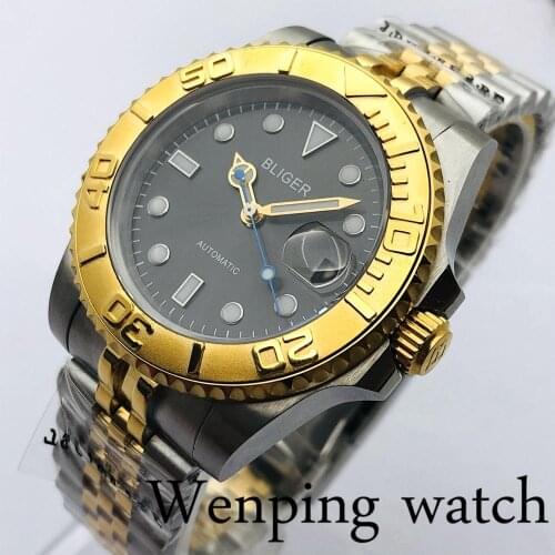 40mm Bliger New Mens Top Mechanical Watch Sapphire Glass Stainless Steel Bezel Grey Dial Luminous Waterproof Automatic Watch