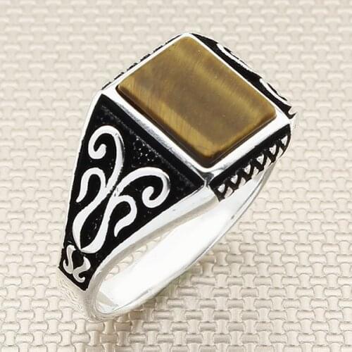 Straight Square Brown Tiger Eye Stone Silver Ring Men Silver Ring Made in Turkey Solid 925 Sterling Silver