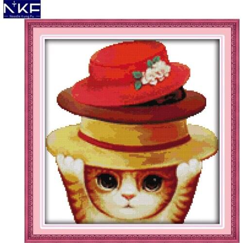 NKF The Lovely Hat Cat Animal Cross Stitch Set Handmade Craft Needlework Cross-Stitch Embroidery Kit Cross Stitch for Home Decor