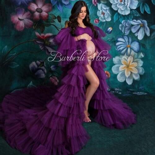 Newest Gorgeous Puffy Purple Tiered Tulle Long Pregnant Women Dresses Strapless Long Ruffles Maternity Clothes Bridal Dress