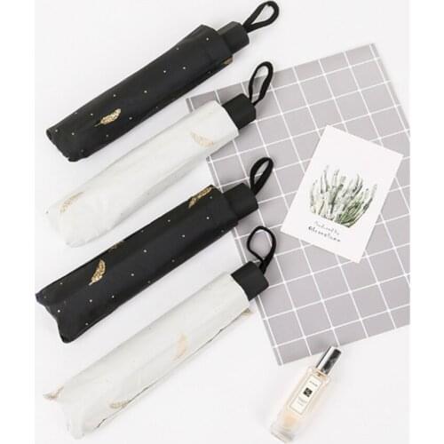 Creative Bronze Feathers Black Gloves Parasols Small Clear Umbrella Folding Sunscreen UV Protection Tri-fold Umbrella Rain Gear