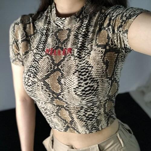 Sexy Short navel Print Casual Tee Women Stand Collar Short Sleeve Slim T-shirt Summer New Female Sexy Top Tee